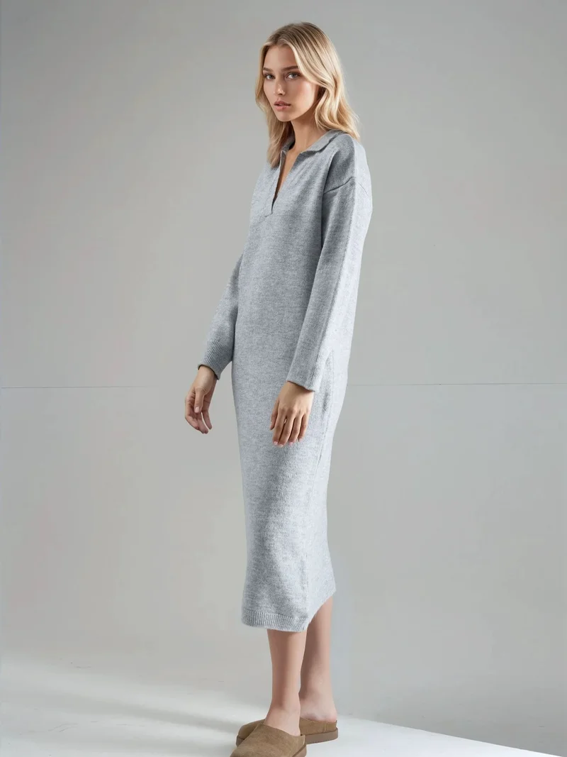 MY FASHION Grey MY FASHION Ribbed Polo Collar Maxi Knit Dress for Women | Best Price UAE